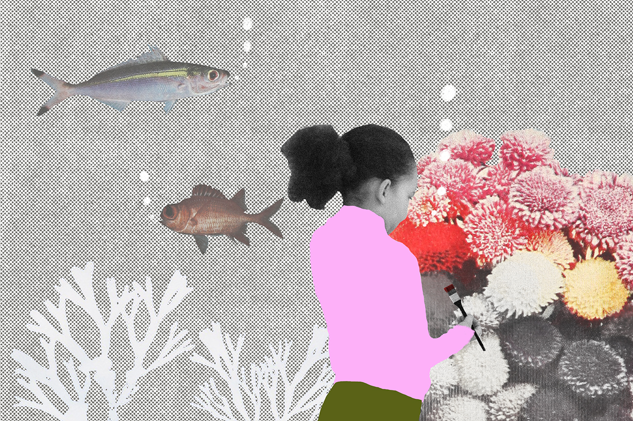 Ilustra&ccedil;&atilde;o abstrata de menina pintando corais no fundo do mar.