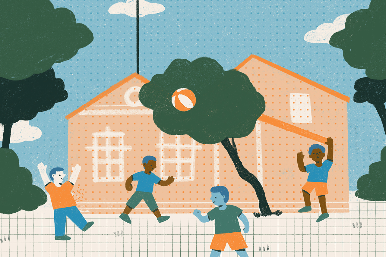 Ilustração de crianças brincando em frente a escola.