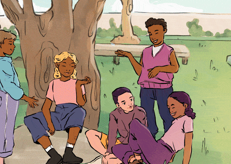 Anima&ccedil;&atilde;o alterando entre fotografia e ilustra&ccedil;&atilde;o de alunos do ensino fundamental conversando.