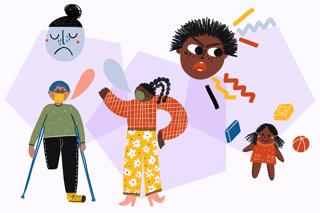 Ilustra&ccedil;&atilde;o abstrata mostrando os cuidados necess&aacute;rios na escuta ativa e no trato com crian&ccedil;as.