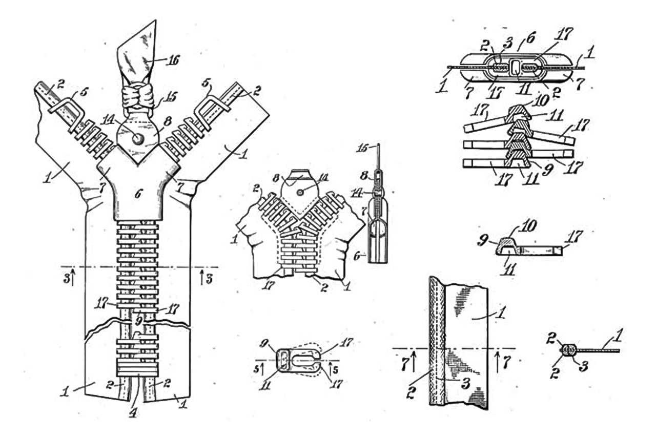 Modelo de z&iacute;per criado pelo engenheiro el&eacute;trico sueco Gideon Sundback em 1913.