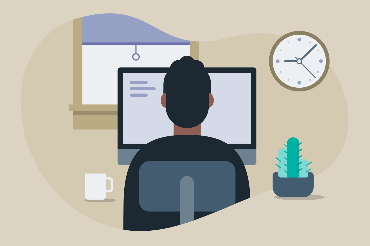 Ilustra&ccedil;&atilde;o de professor sentado em frente ao computador em mesa de trabalho.