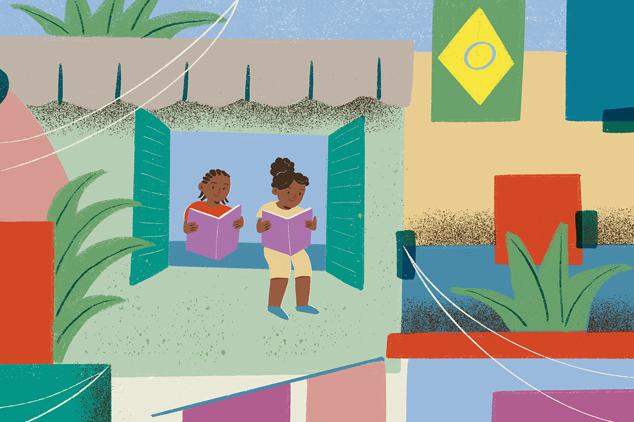 Ilustra&ccedil;&atilde;o de meninas lendo alguns livros na janela de casa.